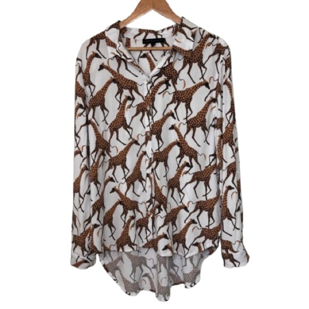 Jane + Delancey White Tan Giraffe Print Novelty Rayon Button Down Top Size XL